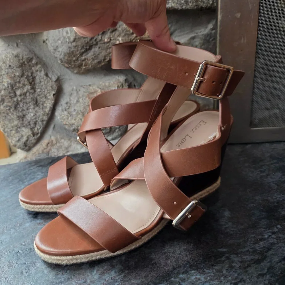 Essex Lane Brown Leather Strappy Wedge Sandals Size 9M